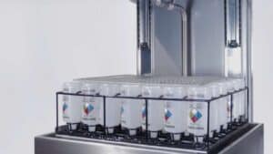 Lab flasks on the nozzles of a glassware washer