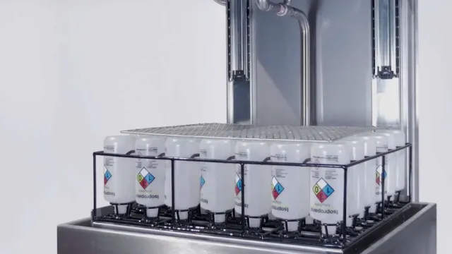 Lab flasks on the nozzles of a laboratory glassware washer